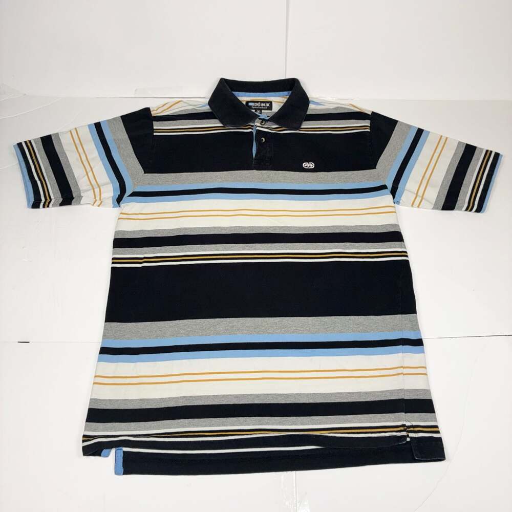 Ecko Unltd. Men's Short Sleeve Striped Polo Shirt Black Blue Gold M